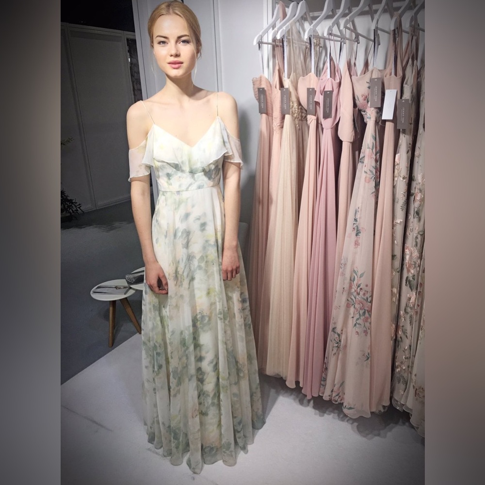Jenny Yoo Mila Print Ruffle Cold Shoulder Dress in Vintage Floral Ivory Sage